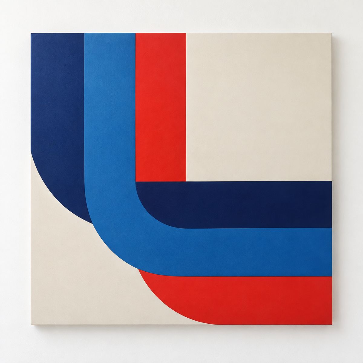 Red and Blue Curved-Band Geometric Artwork