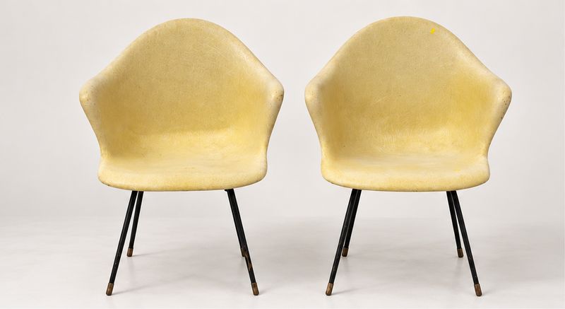Pair of Vintage Yellow Fiberglass Shell Armchairs