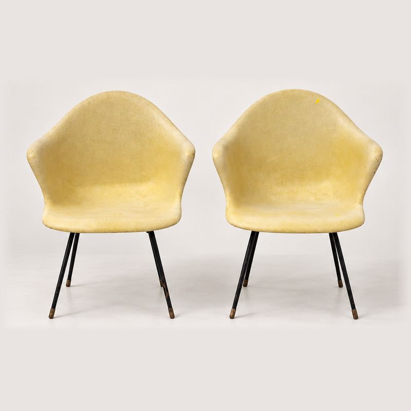 Pair of Vintage Yellow Fiberglass Shell Armchairs