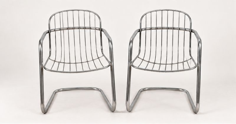 Pair of 1970s Chrome Wire Cantilever Armchairs
