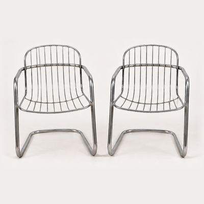 Pair of 1970s Chrome Wire Cantilever Armchairs