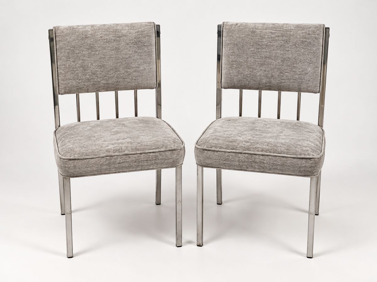 Pair of Vintage Chrome and Silver Velour Dining Chairs