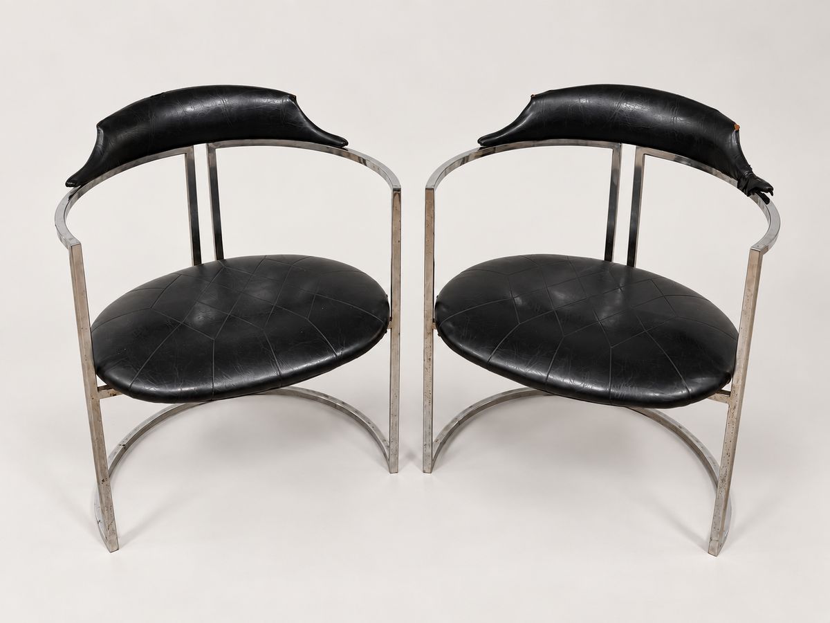 Chrome and Black Upholstered Barrel Chairs (Pair)