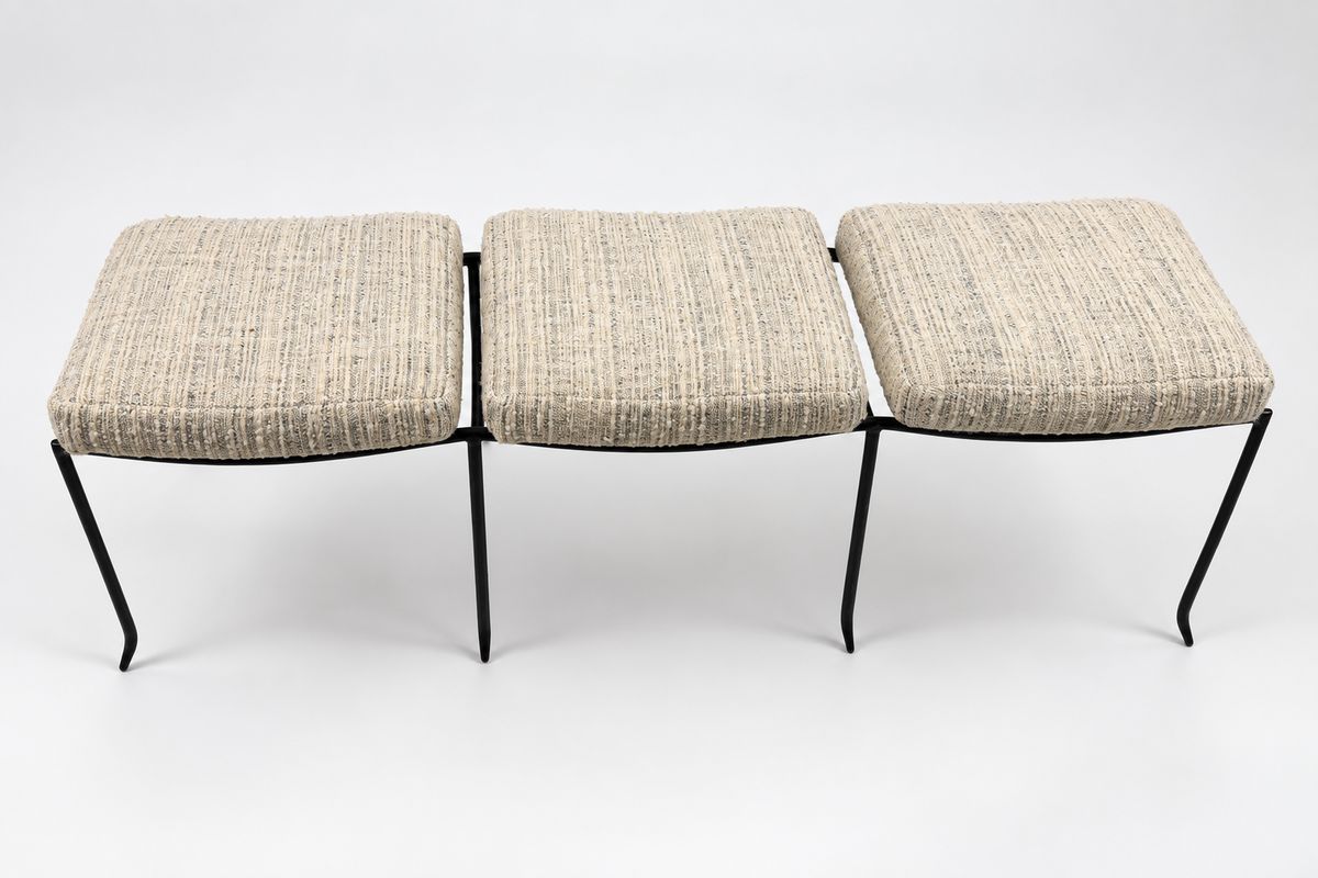 Three-Seat Upholstered Bench with Black Metal Frame