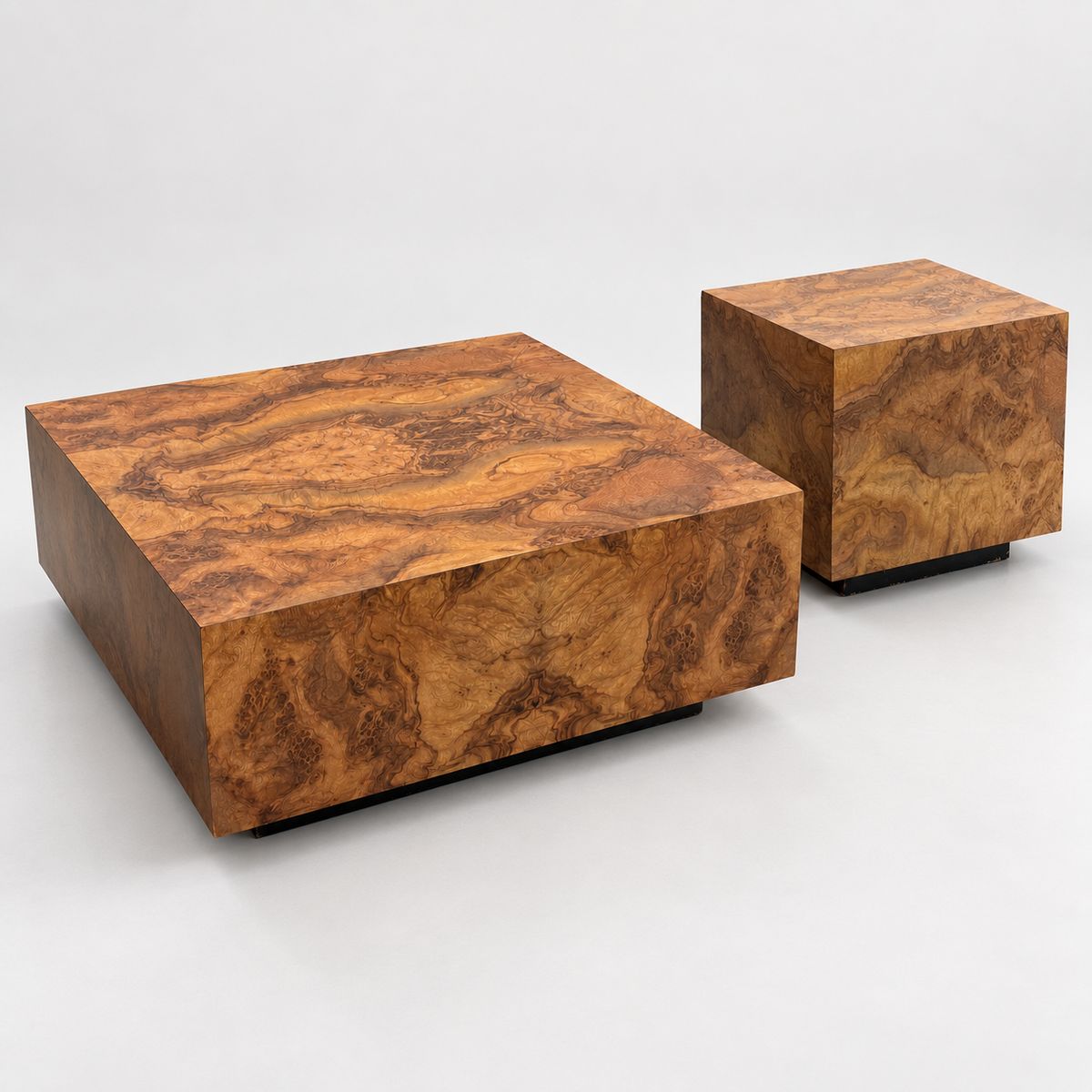 Burlwood Block Tables with Black Plinths (Pair)