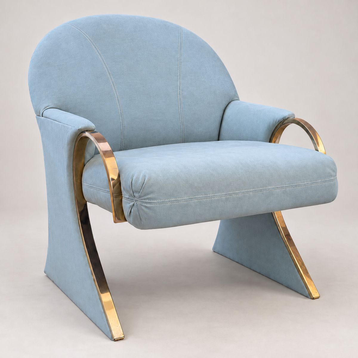 Pale Blue Lounge Chair with Curved Metal Trim