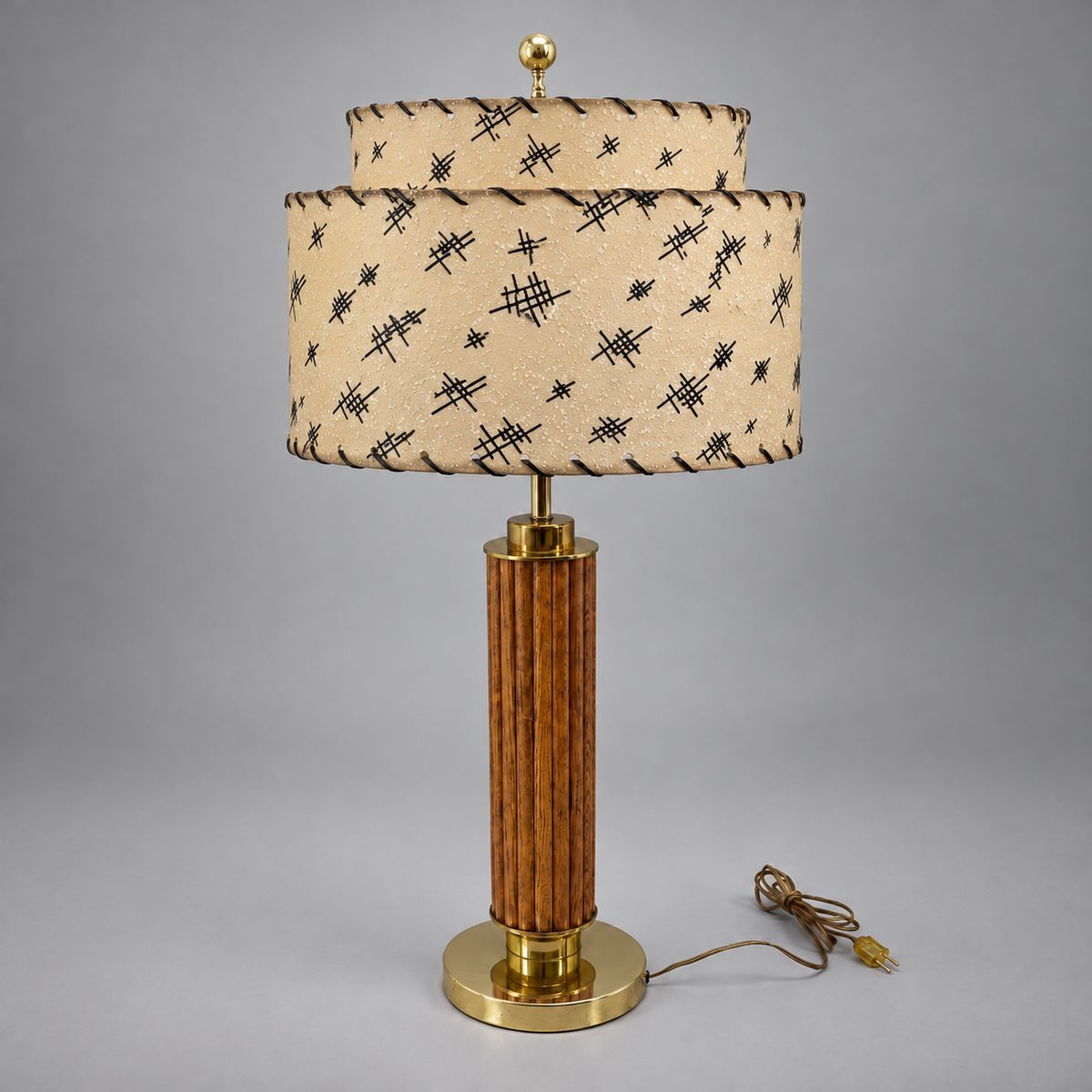 Reeded Wood Column Table Lamp with Brass-Tone Base